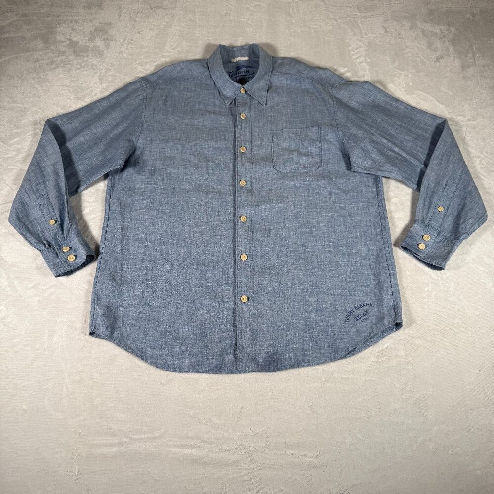 Tommy Bahama Shirt Men Size XL Blue Long Sleeve 100% Linen Relax Single Pocket